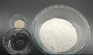 flour in a big bowl, dry yeast in a small bowl, and water in a medium bowl