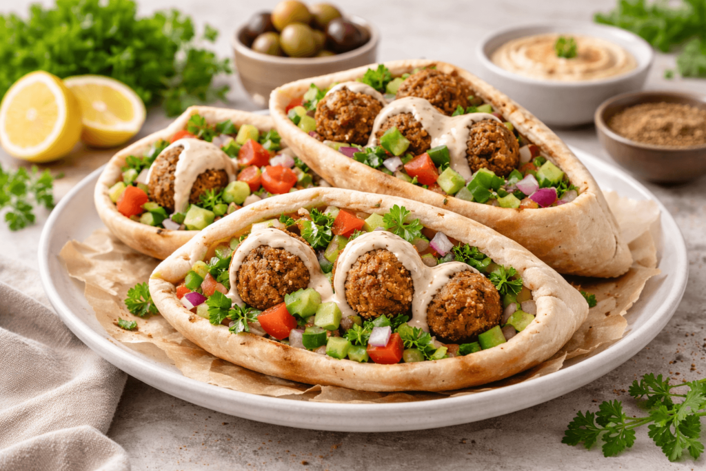 3 Ingredient Pita Bread Sandwiches stuffed with falafel balls, salad, and a drizzle of tahini sauce.