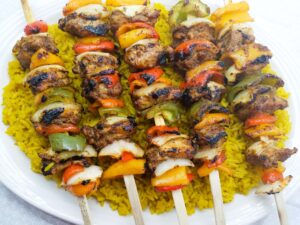 Middle Eastern Chicken Kebab on a bed of yellow rice
