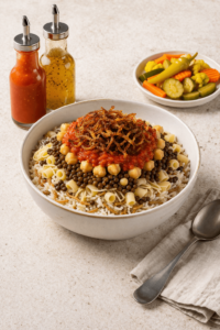Easy homemade Egyptian koshari recipe served in a bowl with rice, lentils, pasta, chickpeas, tomato sauce, and crispy fried onions