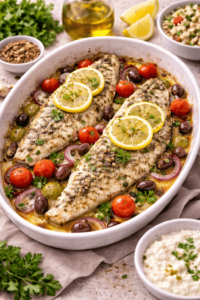 Baked Mediterranean sea bass fillet with lemon, olives, and herbs served on a plate.