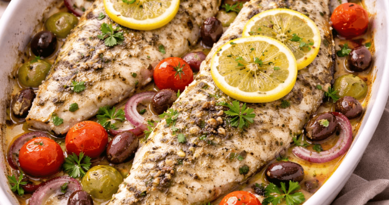 Baked Mediterranean seabass fillet recipe with lemon and herbs.