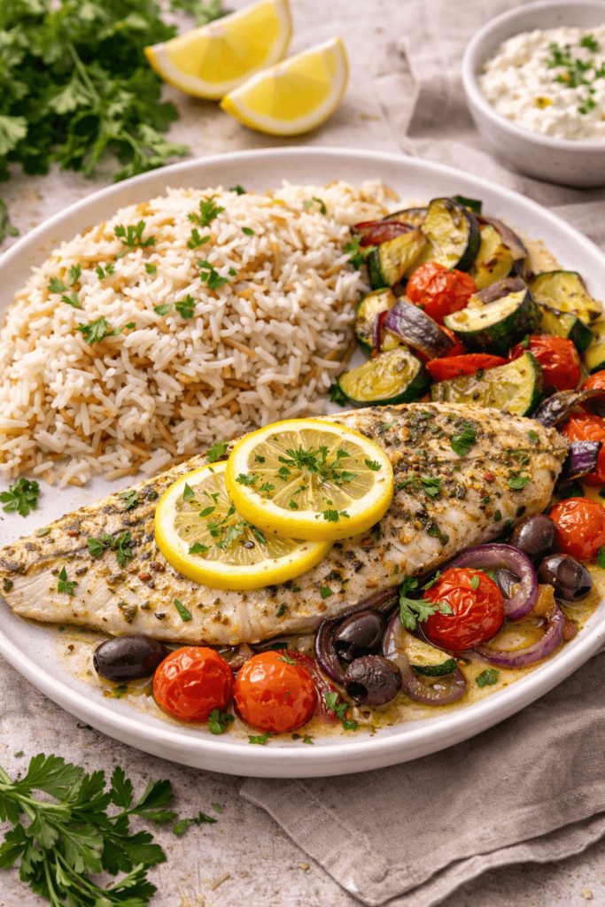 Baked Mediterranean sea bass fillet with lemon and herbs served with rice and roasted vegetables.