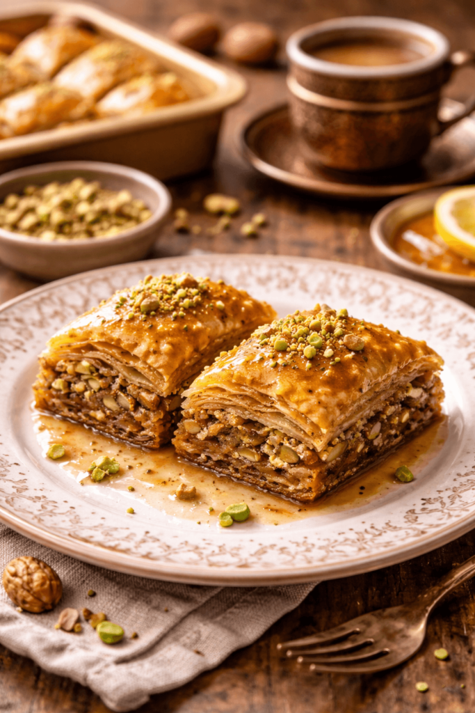 Baklava with honey and walnuts served on a plate.