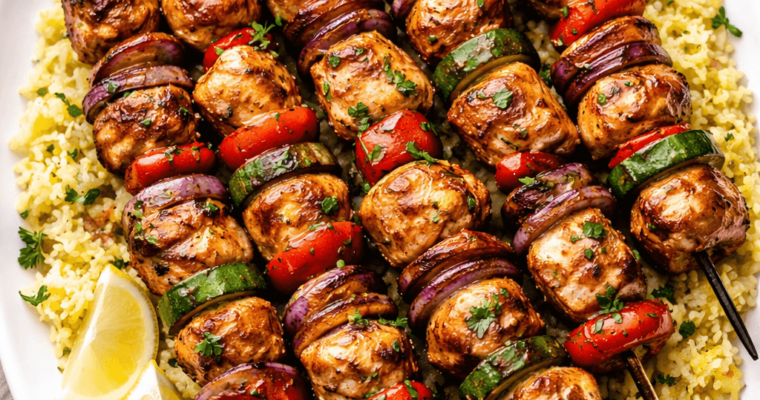 chicken kabob skewers on a bed of yellow rice