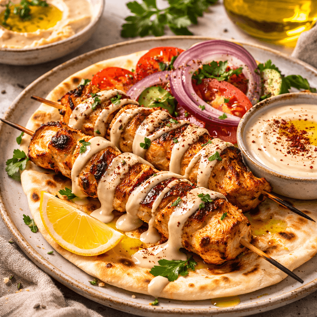 Chicken kabobs skewers served on a pita bread with a drizzle of tahini sauce