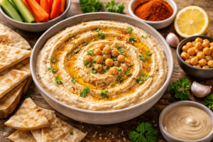 Creamy, easy Mediterranean hummus recipe served in a bowl with olive oil, paprika, and pita bread