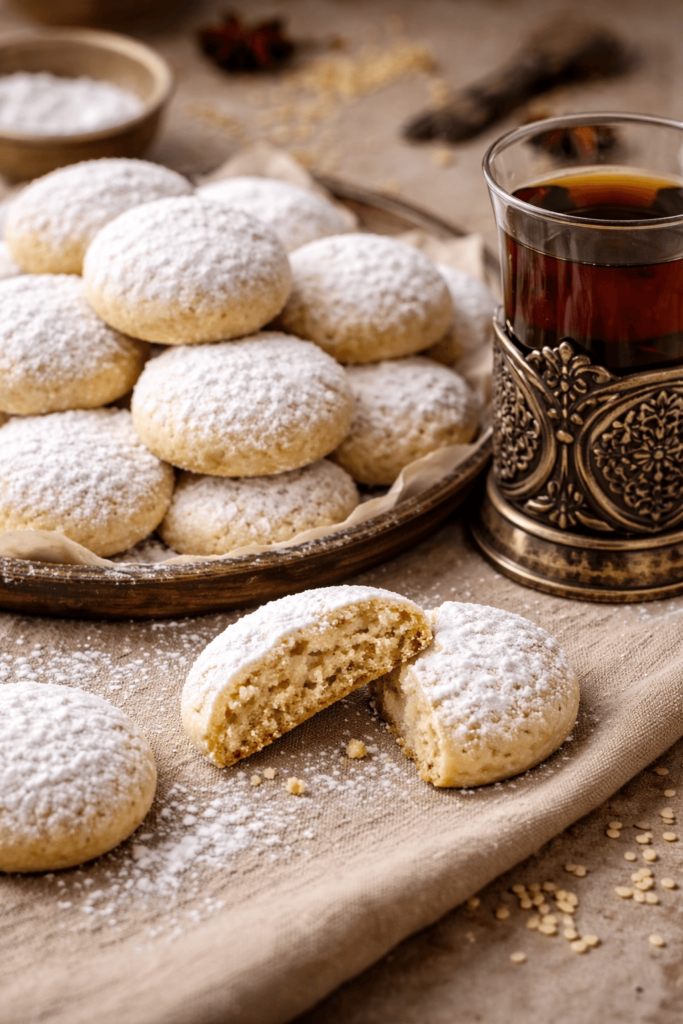 Egyptian kahk cookies dusted with powdered sugar with one cookie broken open, served with a cup of tea.