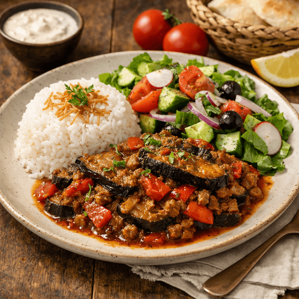 Egyptian Moussaka served with salad and white rice.