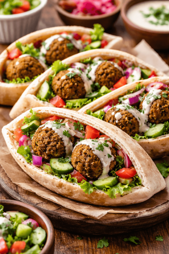 Egyptian Falafel in a pita sandwich with salad and a drizzle of tahini sauce.