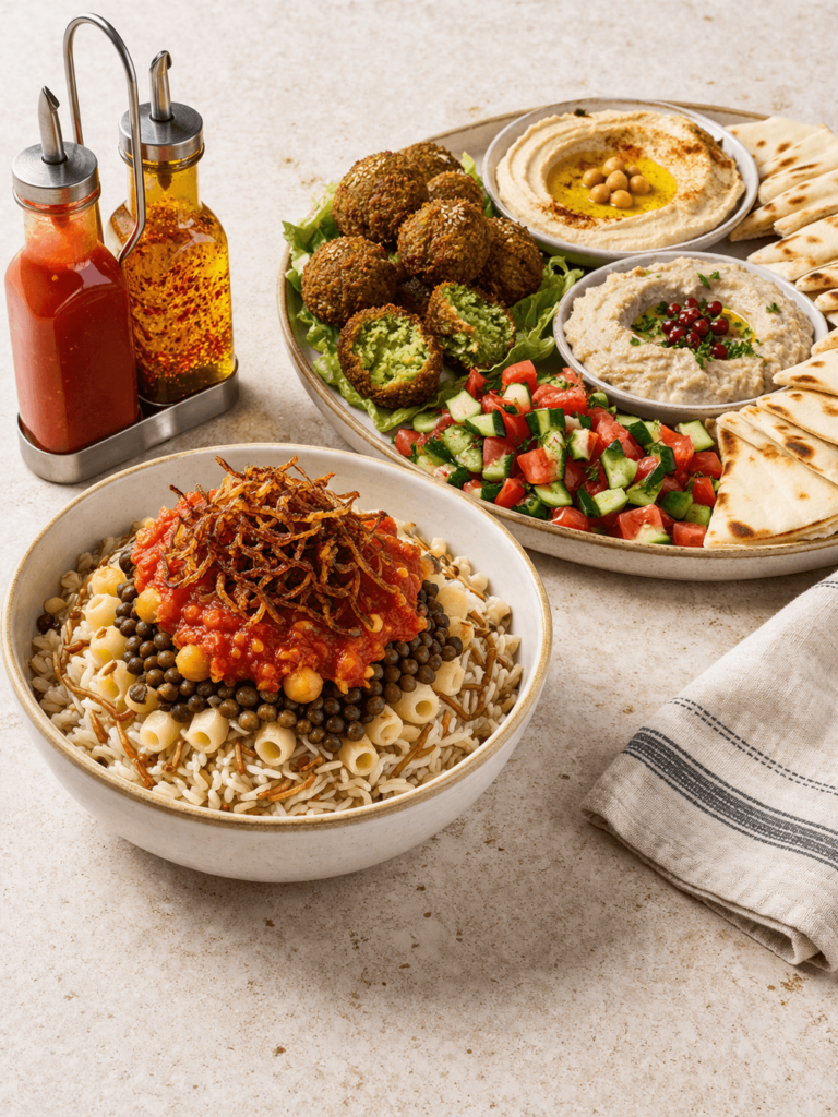 Egyptian koshari bowl served with falafel, hummus, baba ganoush, cucumber tomato salad, and warm pita bread platter.