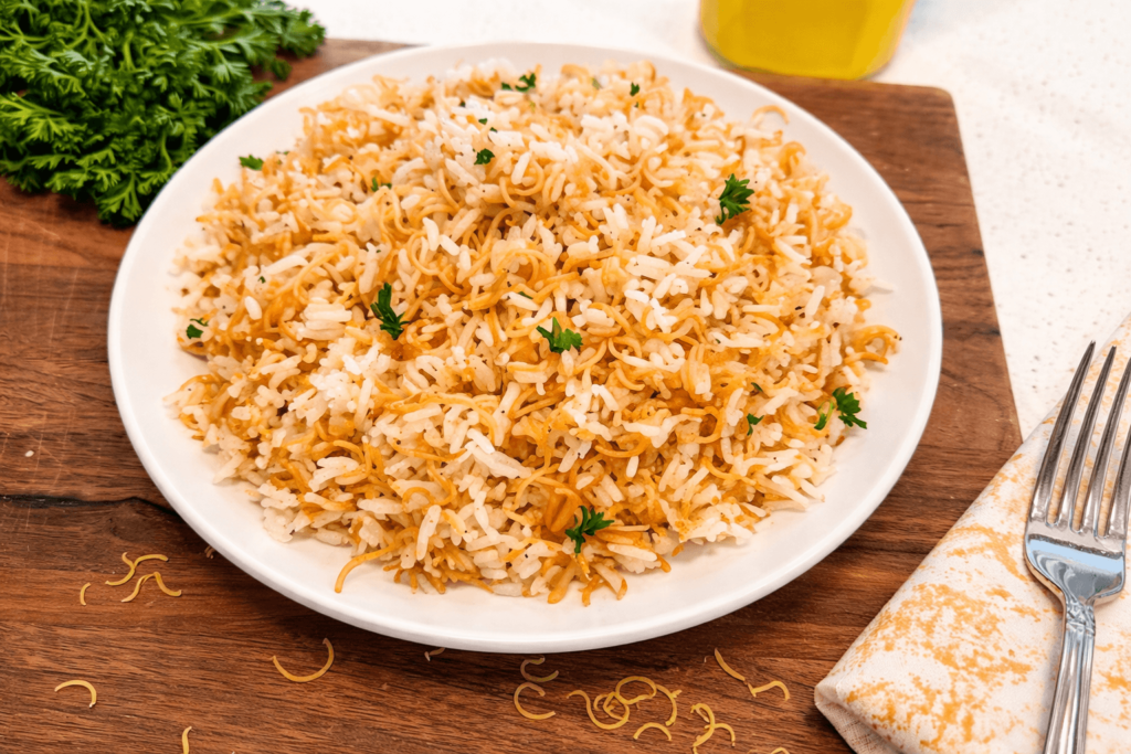 Egyptian rice with vermicelli dish topped with a sprinkle of fresh parsley.