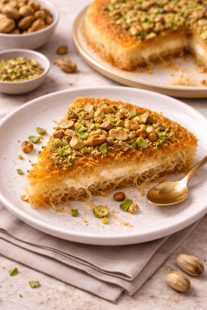 Golden crispy Middle Eastern Kunafa with cheese topped with chopped pistachios and mixed nuts.