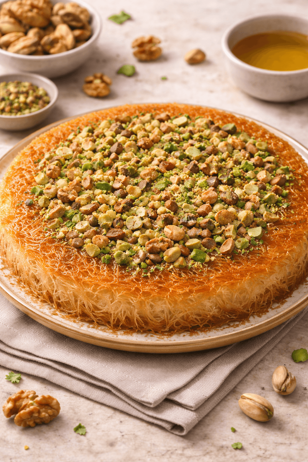 Crispy Middle Eastern kunafa with cheese topped with nuts and sweet syrup