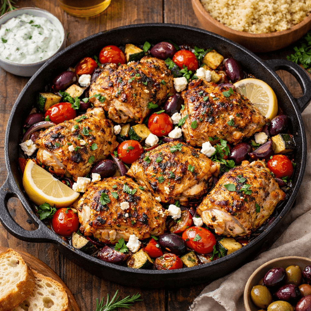 Mediterranean chicken thighs cooked in a cast iron skillet with cherry tomatoes, olives, zucchini, and herbs.