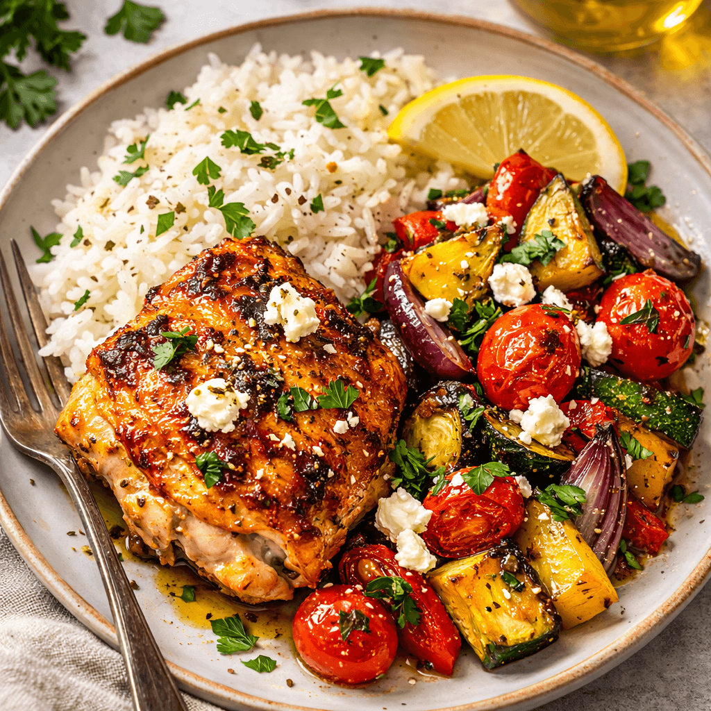 Mediterranean chicken thigh served on a plate with roasted vegetables and fluffy white rice.