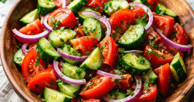 Mediterranean cucumber tomato salad with red onion, parsley, olive oil, and lemon juice in a bowl