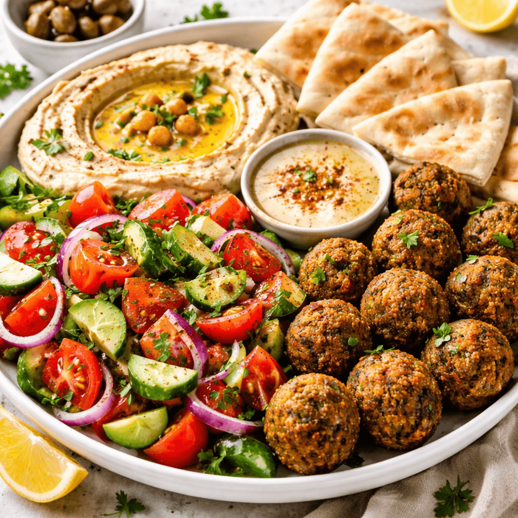 Mediterranean cucumber tomato salad with lemon, olive oil, and herbs served with falafel, hummus, and pita bread.