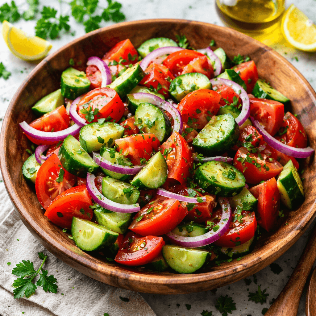 Mediterranean Cucumber Tomato Salad with Lemon, Olive Oil & Fresh Herbs