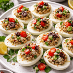 Mediterranean deviled eggs topped with feta, olives, sun-dried tomatoes, and fresh herbs on a serving platter