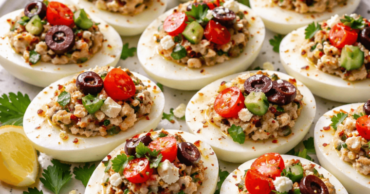 Mediterranean deviled eggs topped with feta, olives, sun-dried tomatoes, and fresh herbs on a serving platter