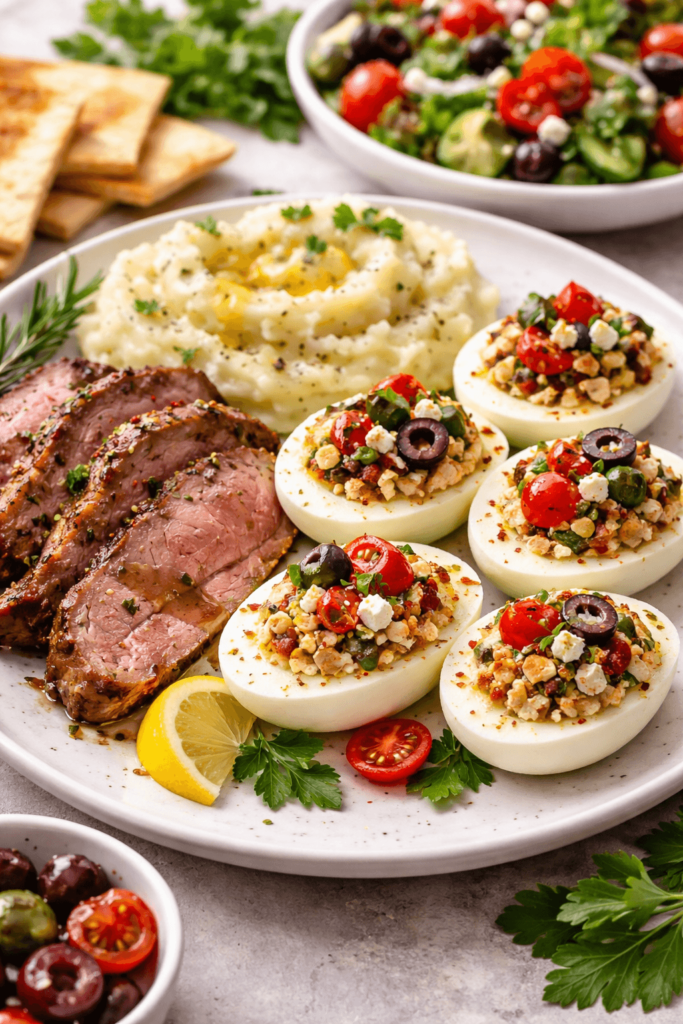 Mediterranean deviled eggs with feta and olives served with roasted lamb, creamy mashed potatoes, and fresh salad.