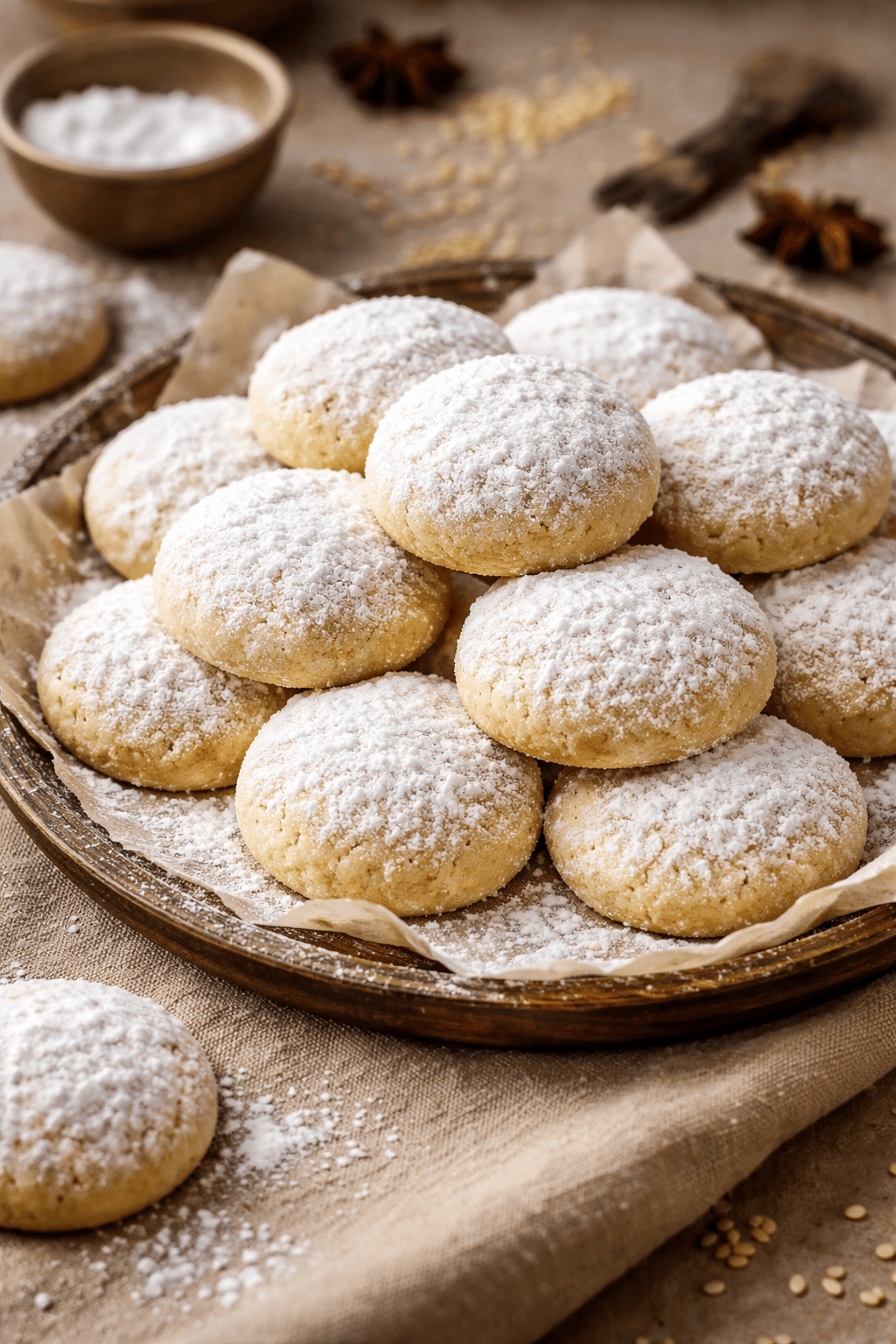 Egyptian kahk cookies dusted with powdered sugar on a rustic plate, traditional Eid butter cookies.