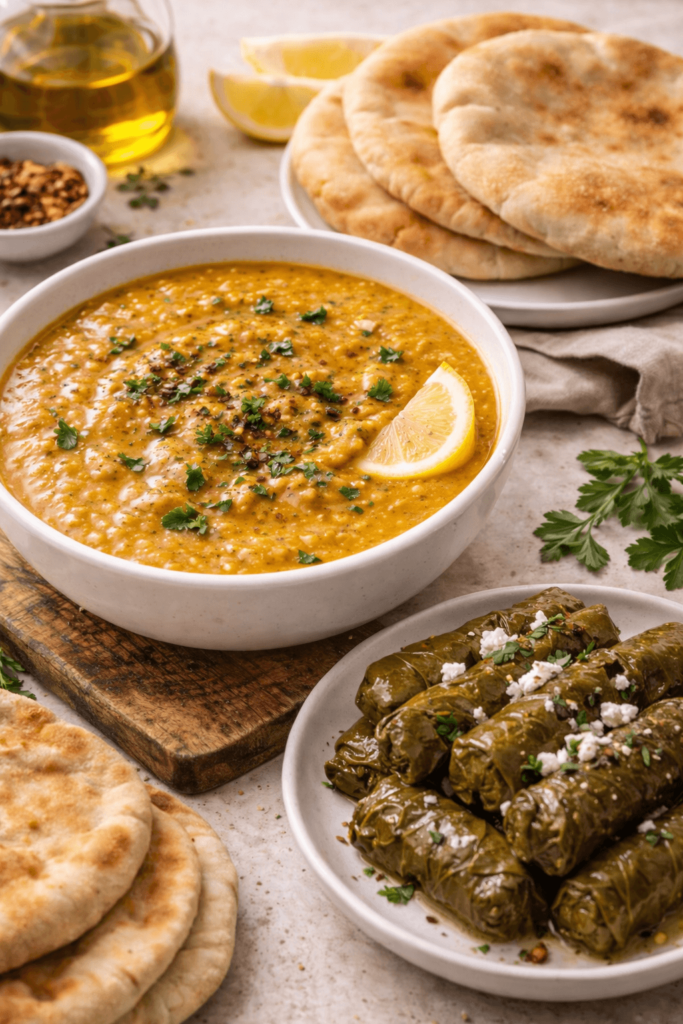 red lentil soup in a bowl with olive oil and spices.