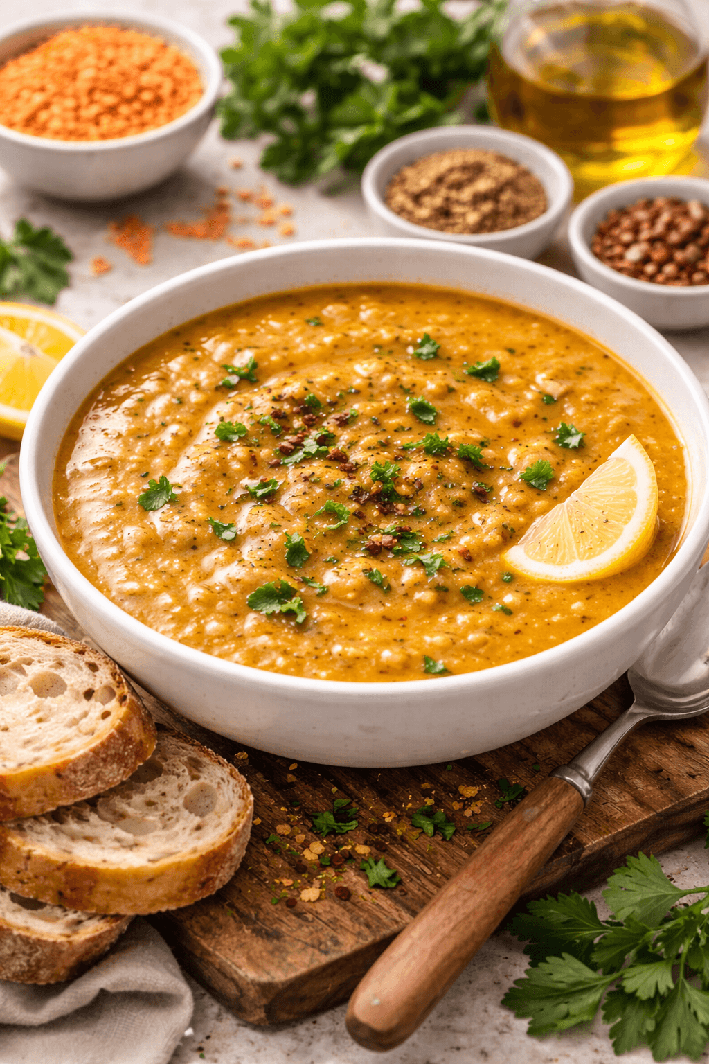 red lentil soup in a bowl