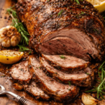 Slow roasted leg of lamb with garlic and rosemary served on a wooden board, sliced to show tender juicy meat.