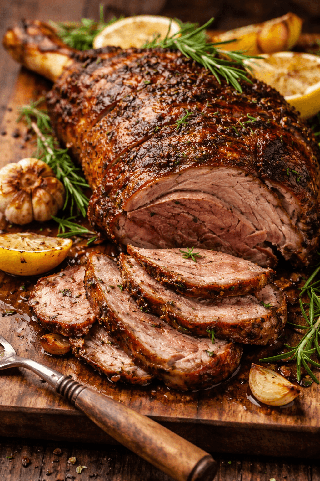Slow roasted leg of lamb with garlic and rosemary served on a wooden board, sliced to show tender juicy meat.