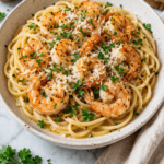 Easy shrimp scampi pasta with garlic butter sauce and parmesan