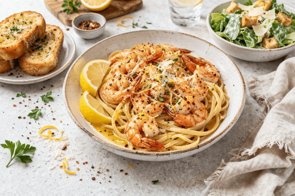 Shrimp scampi pasta with lemon-garlic butter sauce, served with garlic bread and salad.