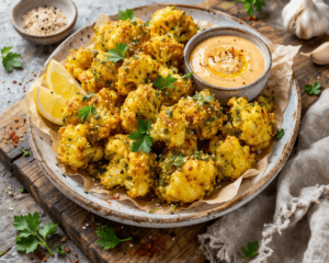 Vegan crispy cauliflower served with tahini sauce