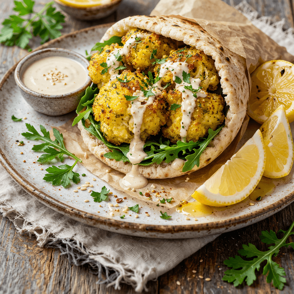 Vegan Crispy Cauliflower stuffed in pita bread with arugula and tahini sauce.