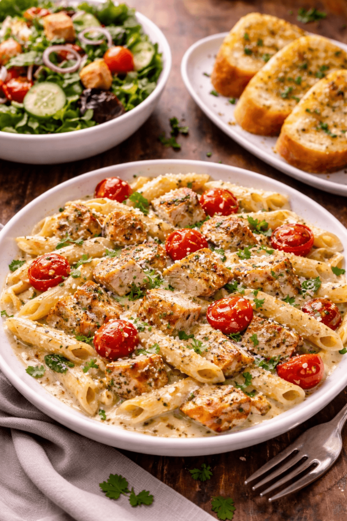 Creamy chicken penne pasta with diced chicken, garlic, Parmesan sauce, and cherry tomatoes.