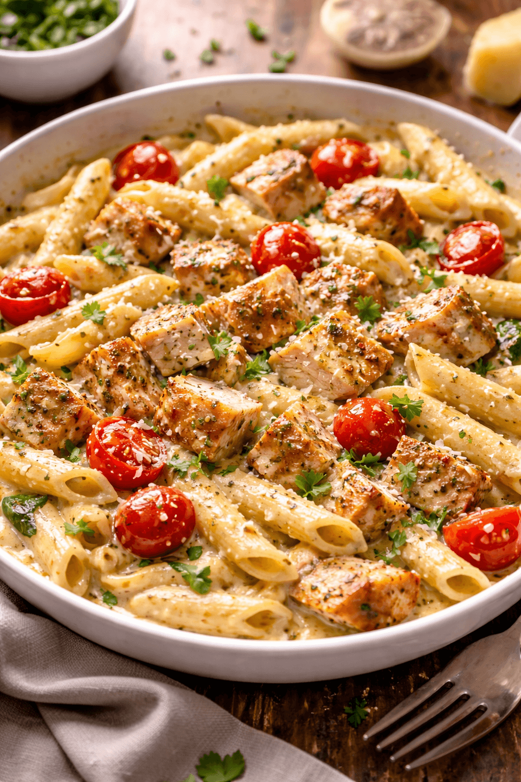 Creamy chicken penne pasta with diced chicken, garlic, Parmesan sauce, and cherry tomatoes.