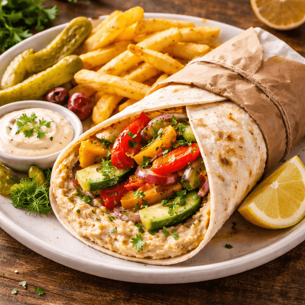 Mediterranean creamy hummus wrap with roasted peppers, cucumbers, and onions served with fries, pickles, and dipping sauce.