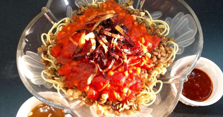 large bowl filled with authentic Egyptian Koshari, showcasing the layers of pasta, rice, lentils, and chickpeas topped with rich tomato sauce and a mountain of crispy fried onions.