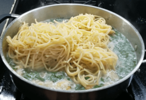 Add Spaghetti to the Garlic butter sauce for an easy shrimp scampi pasta recipe