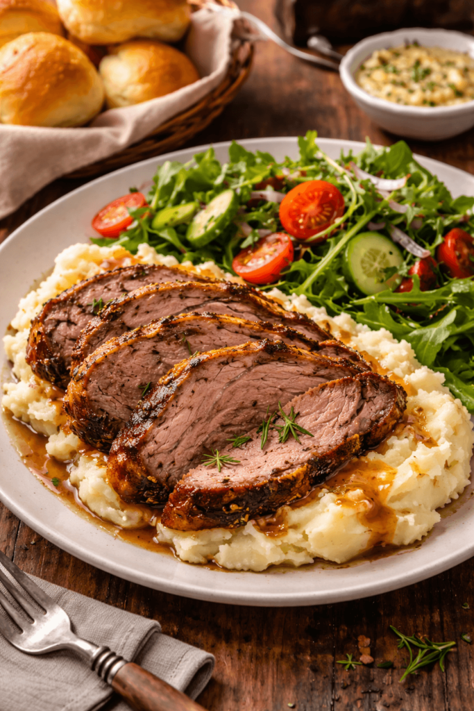 Slow roasted leg of lamb slices served with creamy mashed potatoes, fresh salad, and dinner rolls on a plate.