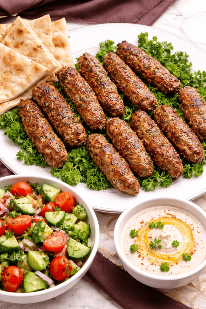 Egyptian Kofta Kebab with pita, salad, and tahini sauce.