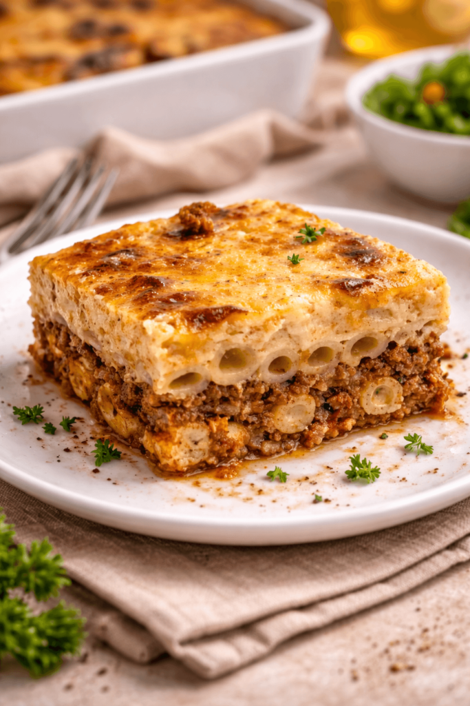 A slice of Creamy Egyptian Macaroni Bechamel served in a plate.