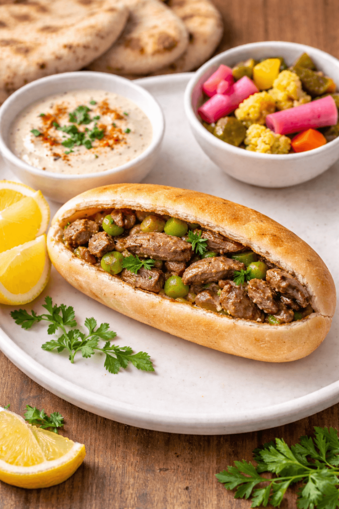 Kebda Eskandarani stuffed in feeno and served with tahini sauce and pickles.