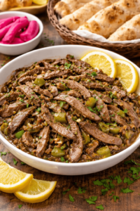 Kebda Eskandarani in a bowl with lemon wedges
