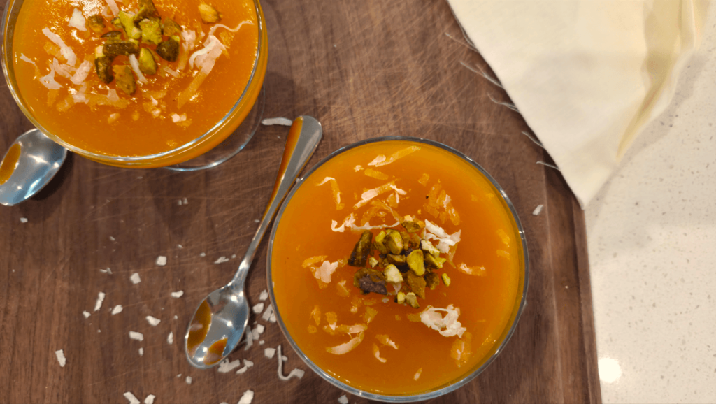 Easy Qamar Al Din pudding (meshmesheya) served chilled with crushed nuts