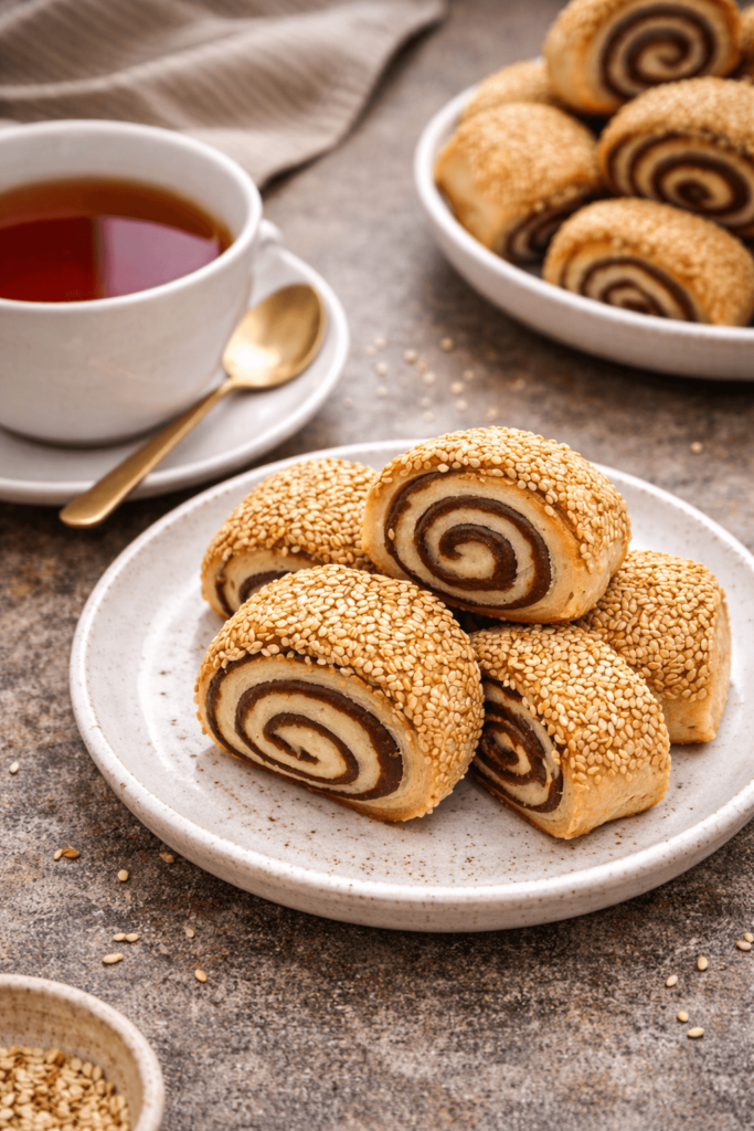 Date-filled pinwheel cookies plate served with a cup of tea.