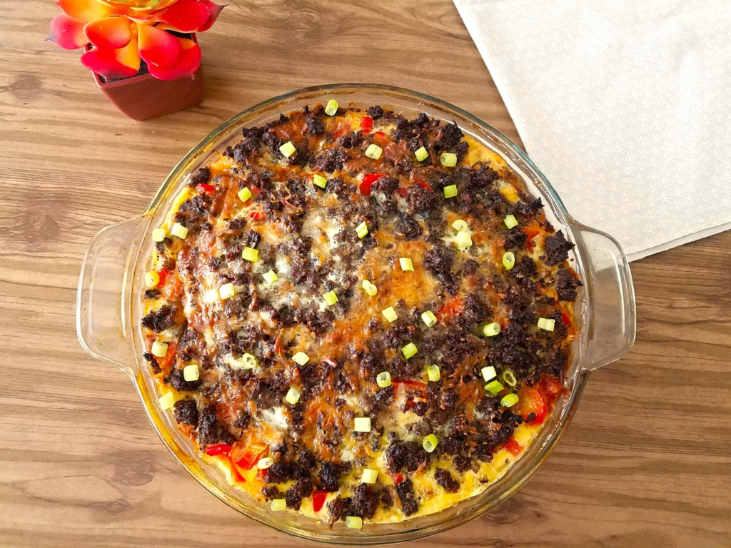 Overhead view of an easy Egyptian eggah recipe baked