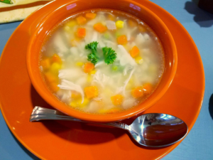 finished Egyptian chicken noodle soup with vegetables and pasta ready to serve