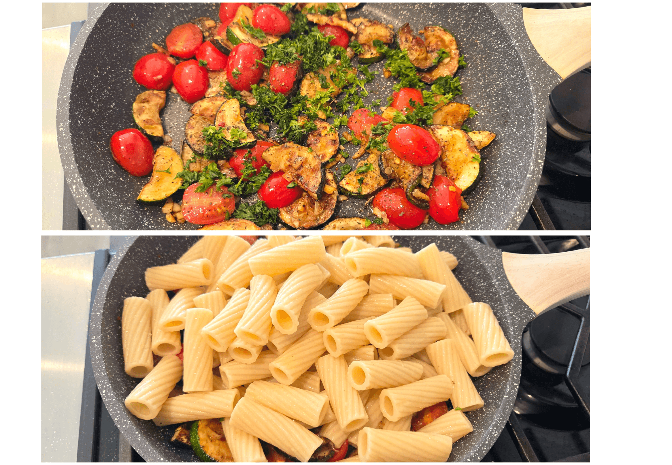 Fresh parsley and cooked rigatoni added to zucchini and cherry tomatoes in a skillet
